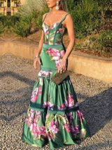 Maxi Dress : Robe Longue Femme Satin Imprimé Maxi in Vert van Cow Clothing