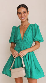 Dresses : Robe Coton Fluide Femme Manches Bouffantes & Décolleté V - Légère in Vert van Seroa