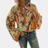 top blouses : Blouse Femme Évasé Bohème Fluide in Orange van Seroa