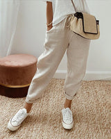 skirts : Pantalon Lin Femme Décontracté à Cordon, Chevilles Ajustées, in Beige van Seroa