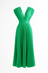 Dresses : Robe Midi Femme Élégante Plissée avec Col en V - Parfaite pour Toutes les Occasions in Vert van Seroa