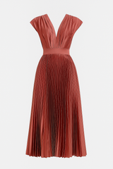 Dresses : Robe Midi Femme Élégante Plissée à Décolleté en V - Parfaite pour Toutes les Occasions in Rosso van Seroa