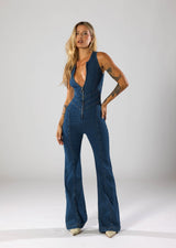 dresses : Combinaison en jean évasée à fermeture zippée, inspirée du style in van Seroa