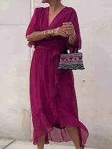 dresses : Robe Femme Fluide Élégante Col V en Lin et Mousseline pour Soirée ou Été in Violet van Seroa