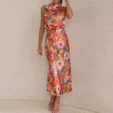 dresses : Robe Midi Élégante en Satin à Col Halter et Motif Fleuri Femme in Orange van Seroa