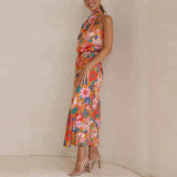 dresses : Robe Midi Élégante en Satin à Col Halter et Motif Fleuri Femme in van Seroa