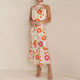 dresses : Robe Midi Élégante en Satin à Col Halter et Motif Fleuri Femme in van Seroa
