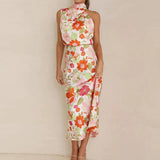 dresses : Robe Midi Élégante en Satin à Col Halter et Motif Fleuri Femme in Blanc van Seroa