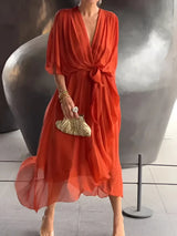 dresses : Robe Femme Fluide Élégante Col V en Lin et Mousseline pour Soirée ou Été in Rouge Orange van Seroa