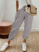 skirts : Pantalon Lin Femme Décontracté à Cordon, Chevilles Ajustées, in Gris (rayé) van Seroa