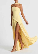 Maxi Dress : Robe longue fluide fendue femme - Élégante, confortable, sans bretelles avec ruban in van Seroa