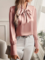 top blouses : Chemisier en Satin à Manches Longues avec Nœud Lavallière Femme in van Seroa