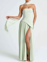 Maxi Dress : Robe longue fluide fendue femme - Élégante, confortable, sans bretelles avec ruban in van Seroa