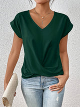 top blouses : Blouse Femme Manches Courtes Col V Décontracté Drapé in Vert van Seroa