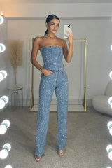 dresses : Combinaison de Soirée Sans Bretelles à Paillettes et Coupe in Bleu van Seroa