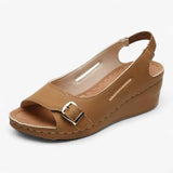 Sandals : Sandales Confortables Femme en Cuir Noir à Talon Compensé Bas - Idéales pour l'Été in Marron van Seroa
