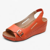 Sandals : Sandales Confortables Femme en Cuir Noir à Talon Compensé Bas - Idéales pour l'Été in Orange van Seroa