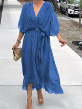 dresses : Robe Femme Fluide Élégante Col V en Lin et Mousseline pour Soirée ou Été in Bleu van Seroa