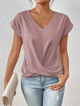 top blouses : Blouse Femme Manches Courtes Col V Décontracté Drapé in Rose van Seroa