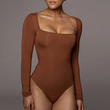 top blouses : Body sans coutures à manches longues et encolure carrée Femme in Marron van Seroa