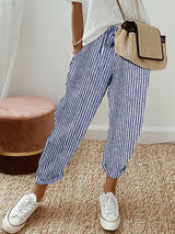 skirts : Pantalon Lin Femme Décontracté à Cordon, Chevilles Ajustées, in Bleu (rayé) van Seroa