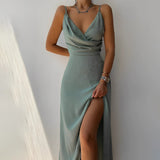 dresses : Robe Longue Satin Drapée Femme – Élégante Soirée, Cocktail, Mariage – Plusieurs Couleurs in Vert van Seroa