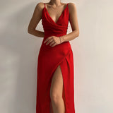 dresses : Robe Longue Satin Drapée Femme – Élégante Soirée, Cocktail, Mariage – Plusieurs Couleurs in Rouge van Seroa