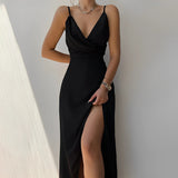 dresses : Robe Longue Satin Drapée Femme – Élégante Soirée, Cocktail, Mariage – Plusieurs Couleurs in Noir van Seroa