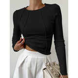 top blouses : Top Femme Manches Longues Tendance Côtelé in Noir van Seroa