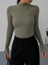 top blouses : Top Femme Col Roulé Côtelé Ajusté in Gris van Seroa