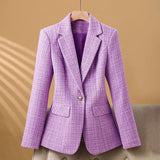 Autumn Collection : Blazer Femme Tailleur Pantalon Chic Tweed Élégant Satin Satiné in Violet Lavande van Seroa