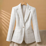 Autumn Collection : Blazer Femme Tailleur Pantalon Chic Tweed Élégant Satin Satiné in Blanc Perle van Seroa