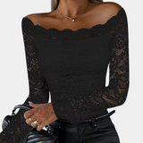 top blouses : Blouse Élégante Épaules Dénudées en Dentelle avec Manches Longues in Noir van Seroa