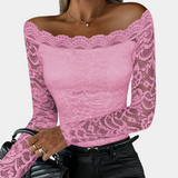 top blouses : Blouse Élégante Épaules Dénudées en Dentelle avec Manches Longues in Rose van Seroa