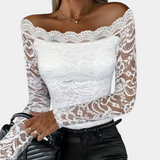 top blouses : Blouse Élégante Épaules Dénudées en Dentelle avec Manches Longues in Blanc van Seroa