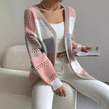 Pulls et gilets pour femmes : Cardigan Femme Gilet Vert Rayé in Rose van Seroa