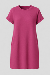 Dresses : Robe d'été Femme Casual en Coton Doux avec Poches, Col Rond et Manches Courtes in Rose van Seroa