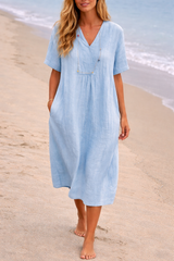 : Robe midi en lin à col en V pour femme - Légère et Polyvalente in Bleu clair van Seroa