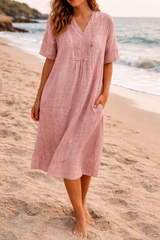 : Robe midi en lin à col en V pour femme - Légère et Polyvalente in Rose van Seroa
