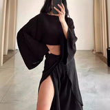 Ensembles pour femmes : Ensemble Femme à Manches Larges Lin Best-Seller in Noir van Seroa