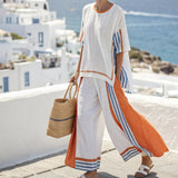 Ensembles pour femmes : Pantalon Fluide Femme en Lin Décontracté - Confortable et Léger pour l'Été in Blanc à rayures bleues van Seroa
