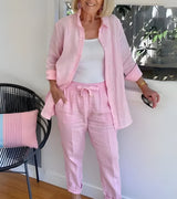 Vêtements pour femmes : Pantalon Fluide Femme Lin Beige Élégant Coton in Rose van Seroa
