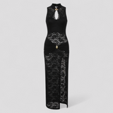 dresses : Robe de Soirée en Dentelle Transparente avec Fente Haute Lara Femme in Noire van Seroa