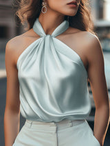 Hauts pour femmes : Chemisiers Femme Chemise Satin Manches Courtes Élégant Satiné Fluide in Gris van Seroa