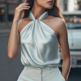 Hauts pour femmes : Chemisiers Femme Chemise Satin Manches Courtes Élégant Satiné Fluide in van Seroa