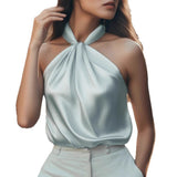 Hauts pour femmes : Chemisiers Femme Chemise Satin Manches Courtes Élégant Satiné Fluide in van Seroa