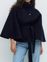 Autumn Collection : Manteau Cape en Laine Polyester Col Montant Femme in Marine van Seroa