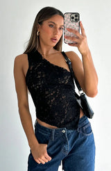 top blouses : Crop Top Femme Élégant Dentelle Vert Asymétrique in Noir van Seroa