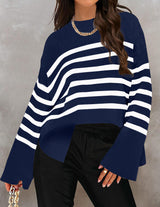 Autumn Collection : Pull Femme Ample Coton Rayé in Bleu foncé van Seroa