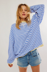 Autumn Collection : Pull Femme Ample Coton Marine Bleu Rayé in Bleu Blanc van Seroa